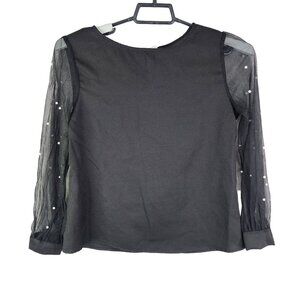 Women's Black Blouse Top With Sheer Pearl-Embellished Sleeves Round Neck S